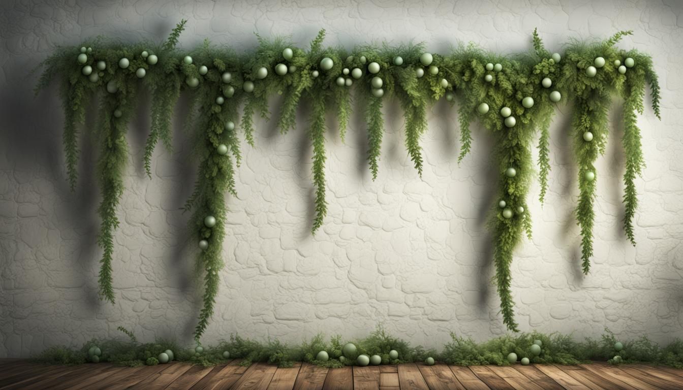 Hyper Realistic Green garlands on a rustic white wall with vignette effect