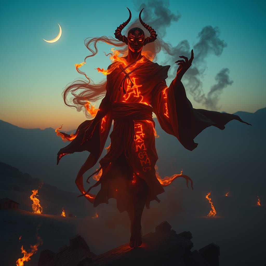 Shadowy Jinn Lord in Smoldering Desert Ruins