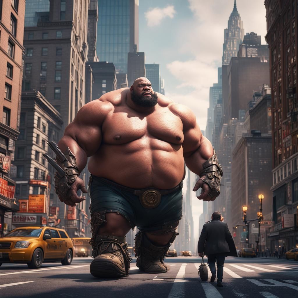 Large Man Walks in New York: Detailed Matte Painting