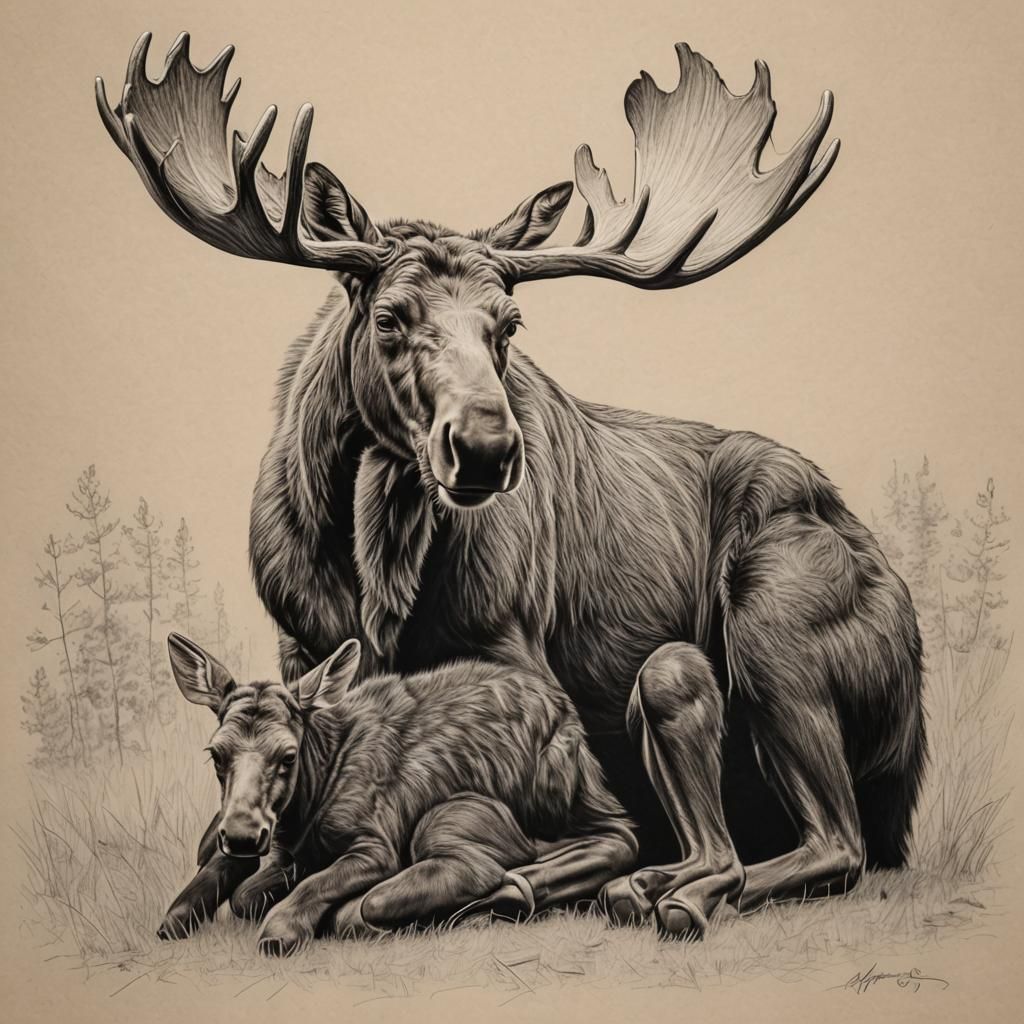 Moose and Calf Resting: A Pencil Drawing