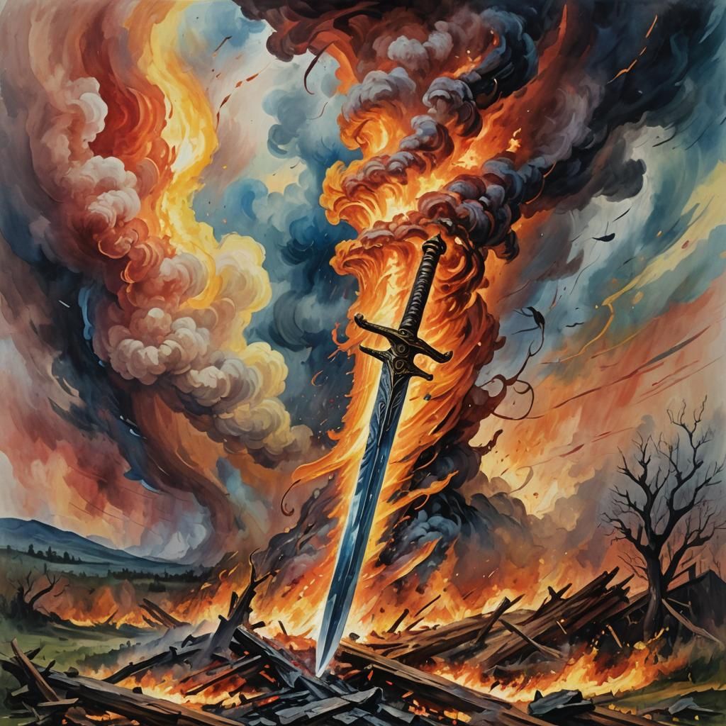 Sword and Fire Tornado in Gouache Watercolor Style
