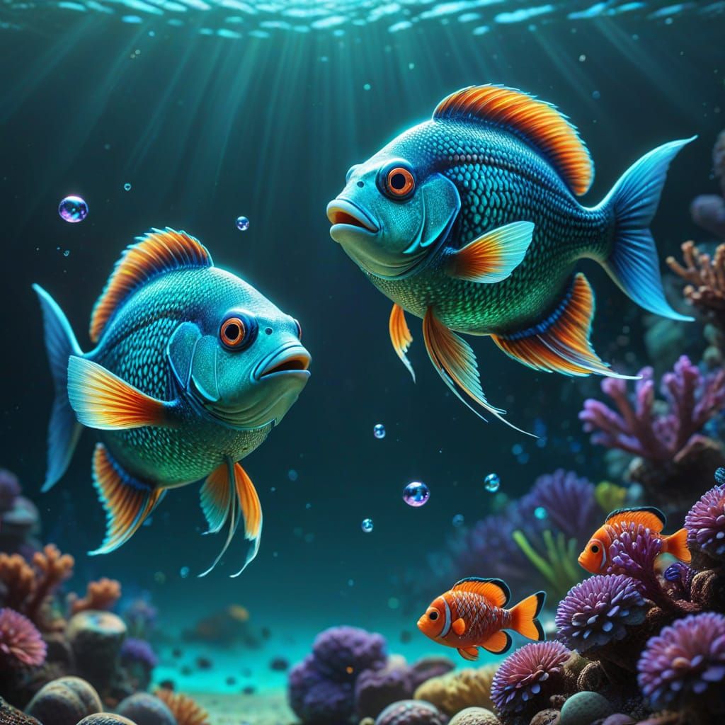 Vibrant Digital Art of Twin Fish Racing in Turquoise Ocean