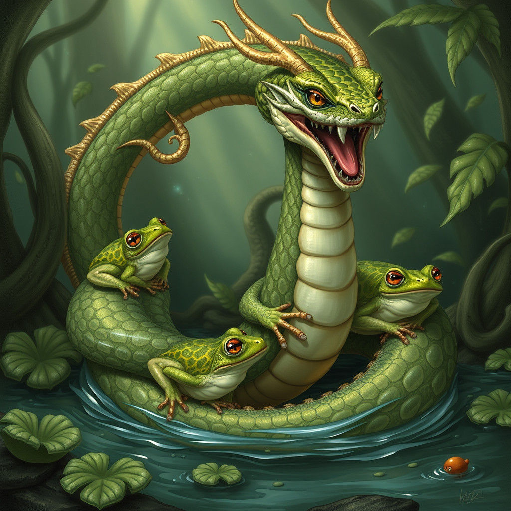 Enchanted Serpent with Frogs in Fantasy Setting