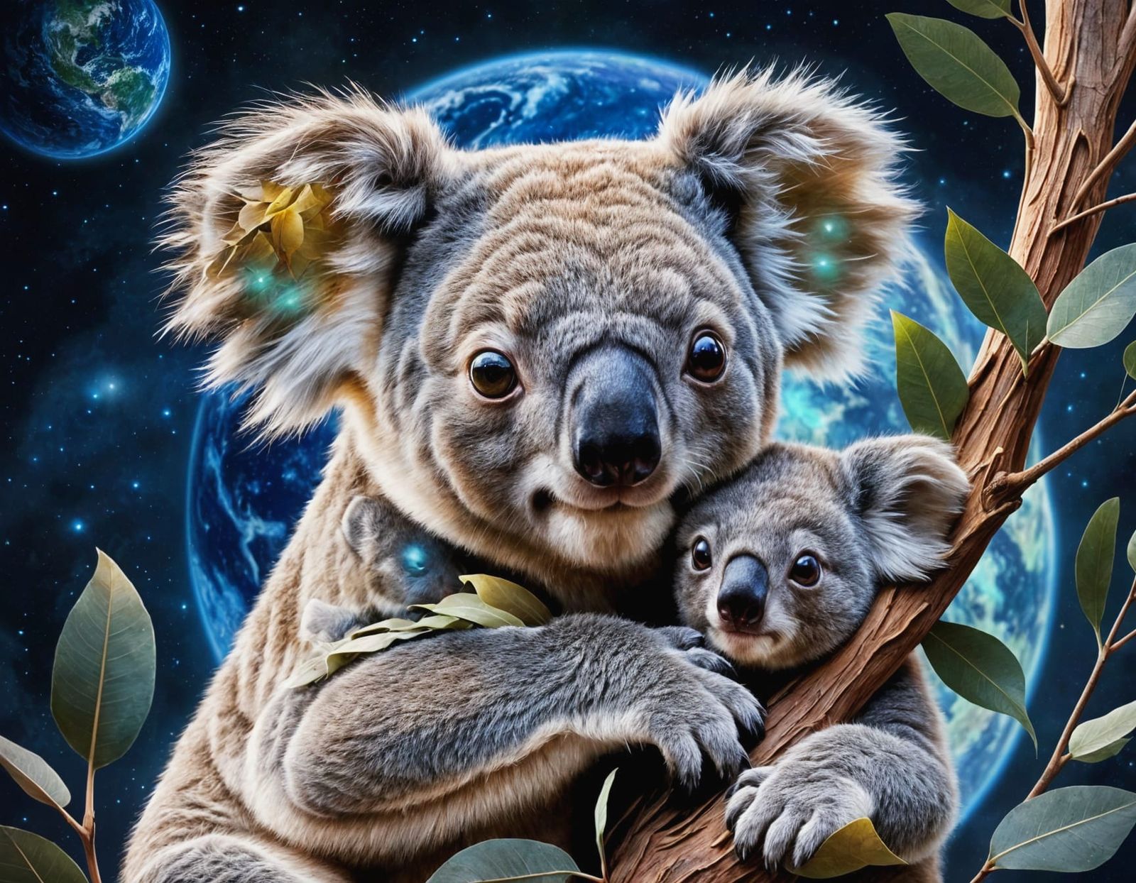 Koala Family in Space: Hyperrealistic Conservation Art