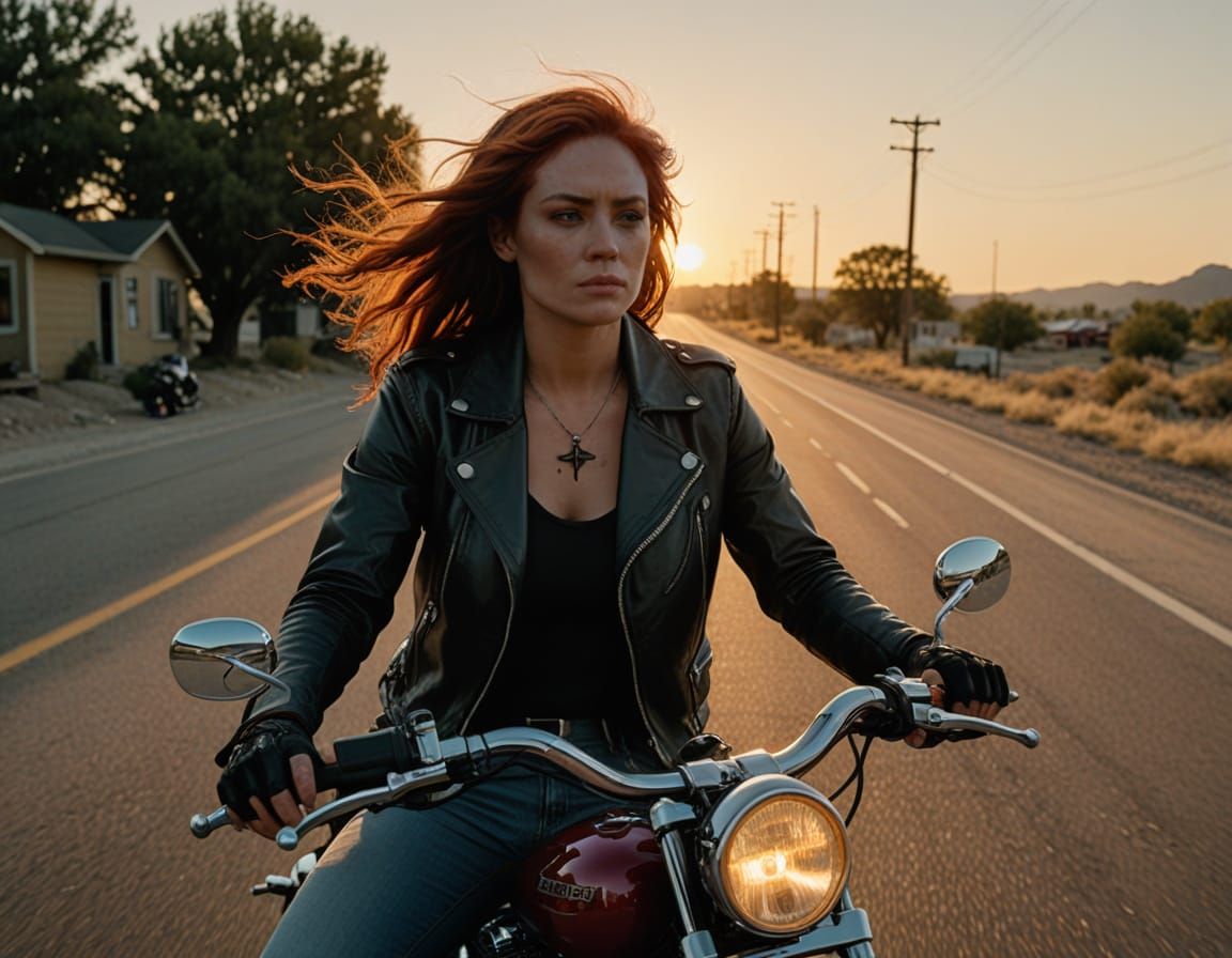Sultry Biker Goddess Rides into Sunset Glory