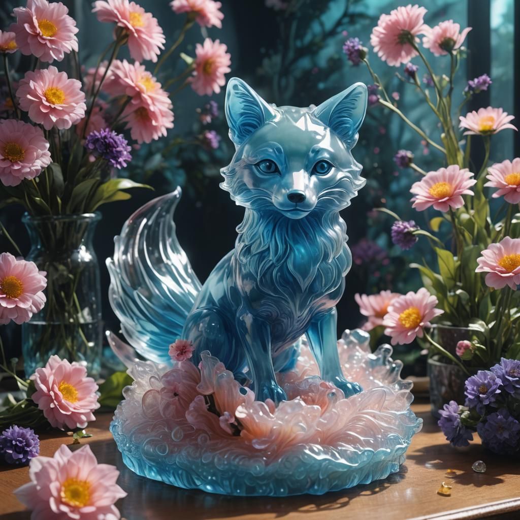 Translucent Blue Gelatinous Fox Sculpture