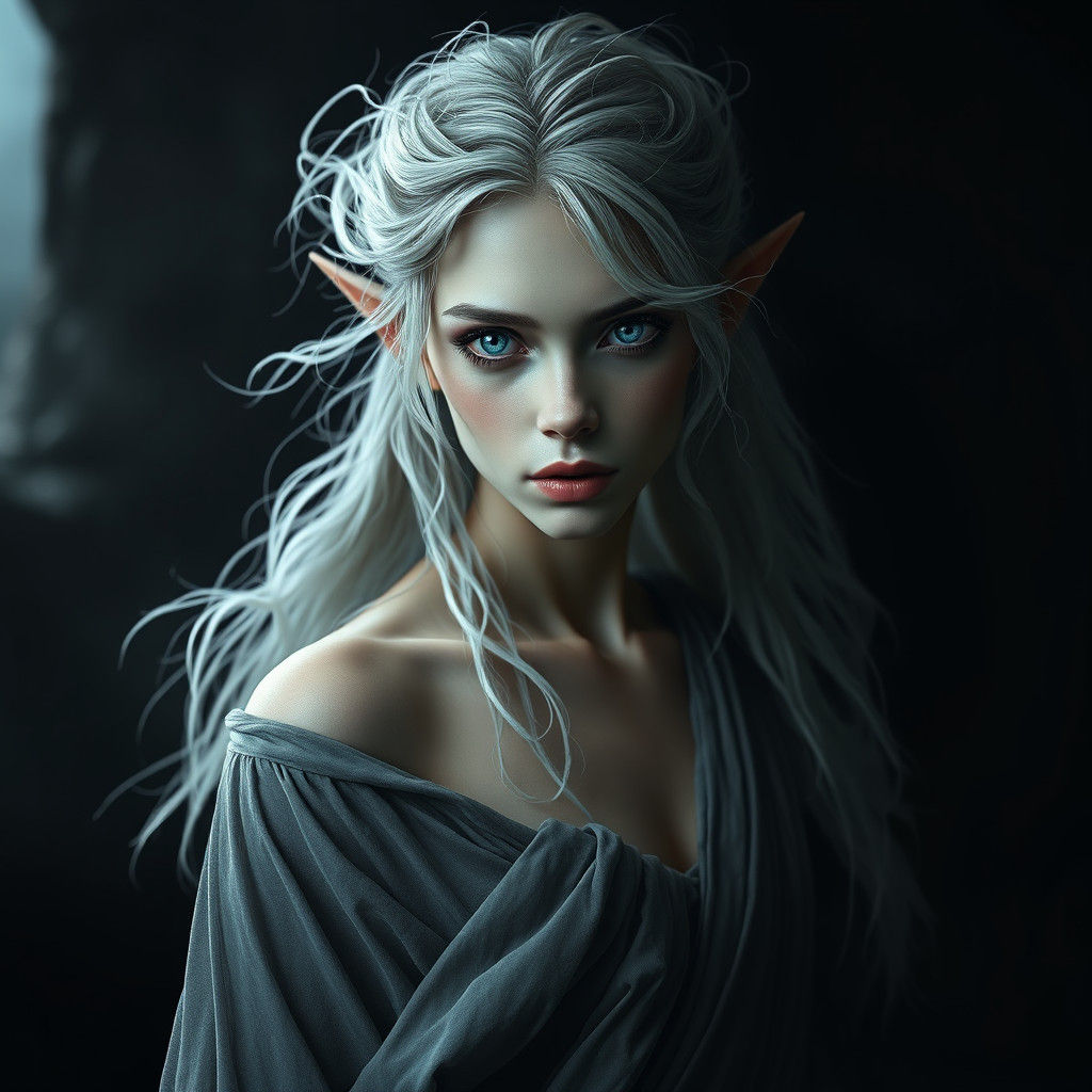 Ethereal Elf Woman in Shadowy, Hyperrealistic Style