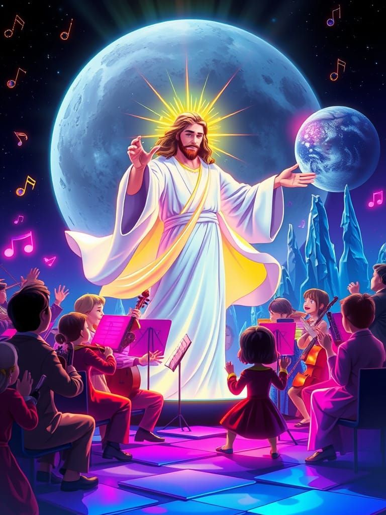 Vibrant Cartoon Conducts Children's Orchestra Amidst Cosmic....