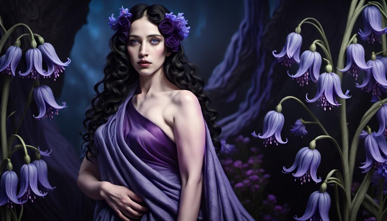 Curvaceous Woman in Purple Toga with Bluebells