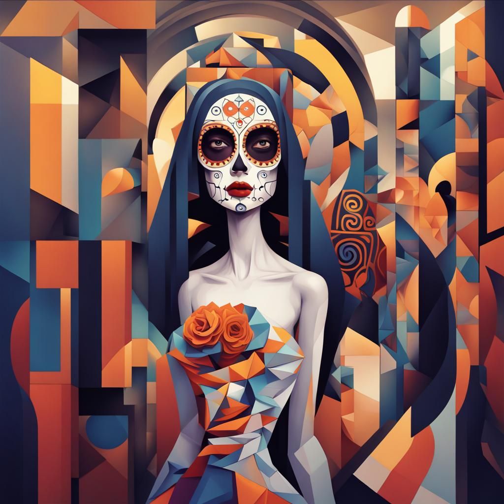 La Muerte in Klimt Style Cubist Art Deco Painting