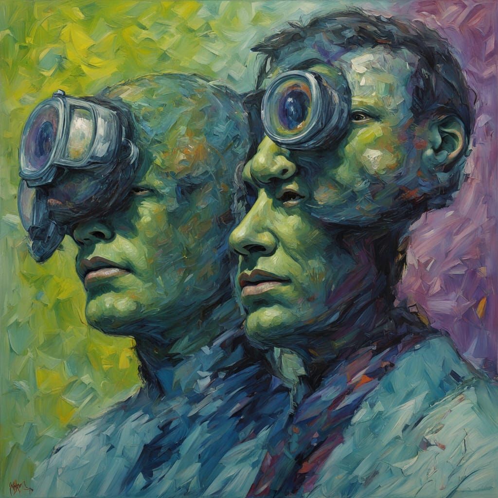 Neo-Impressionist Oil Painting of Figures Exchanging Glowing...