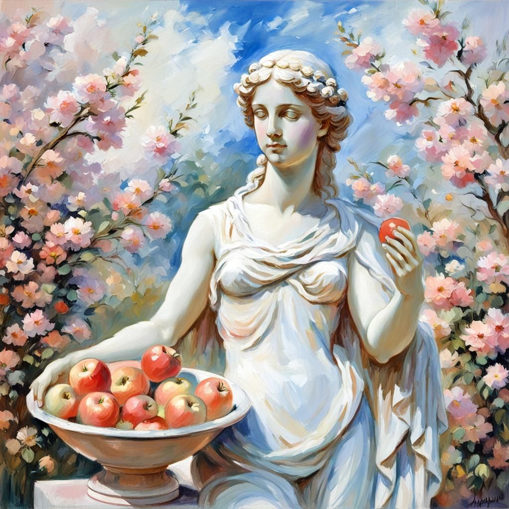 Aphrodite Statue Surrounded by Flowers as Pastel Painting