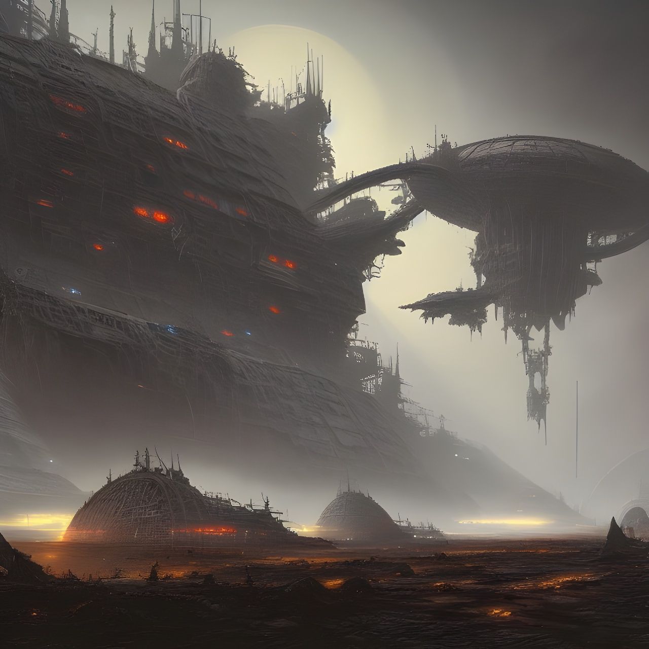 Futuristic Ruined AI Space Trading Post in Deep Colors