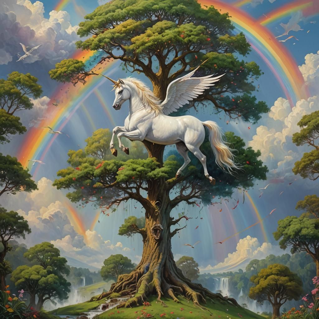 Unicorn and Rainbow by the Tree of Life