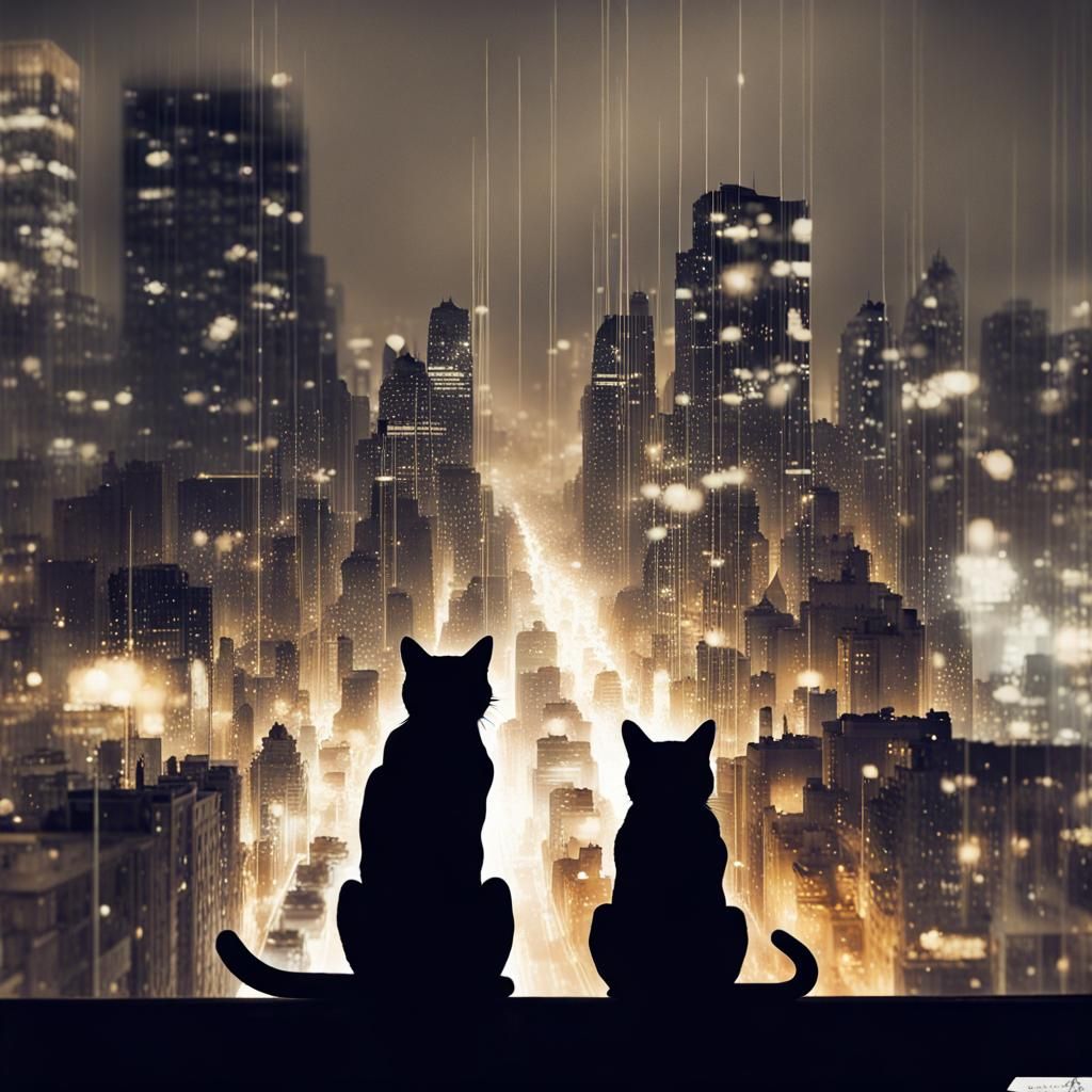 Galaxy Cat Double Exposure in Night City