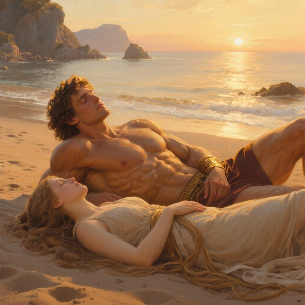 Heroic Theseus Rests with Ariadne on Sun-Drenched Beach
