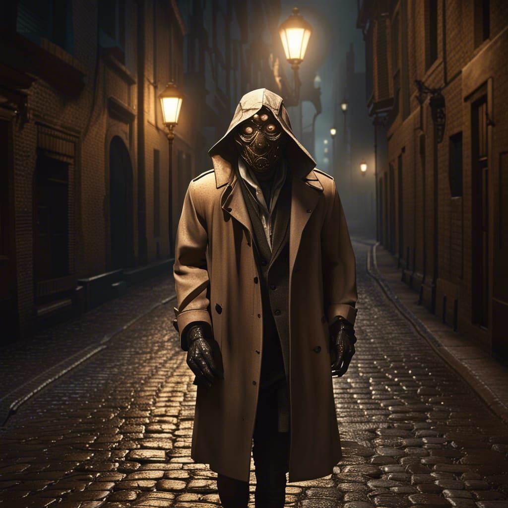 Masked Figure on Cobblestone Street at Night