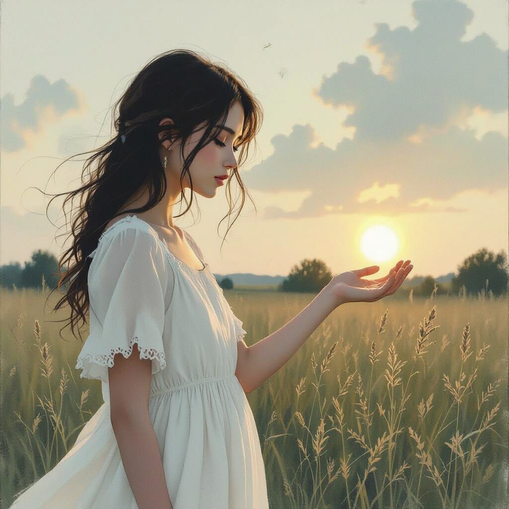 Ethereal Girl Holding Sun in Watercolor Style