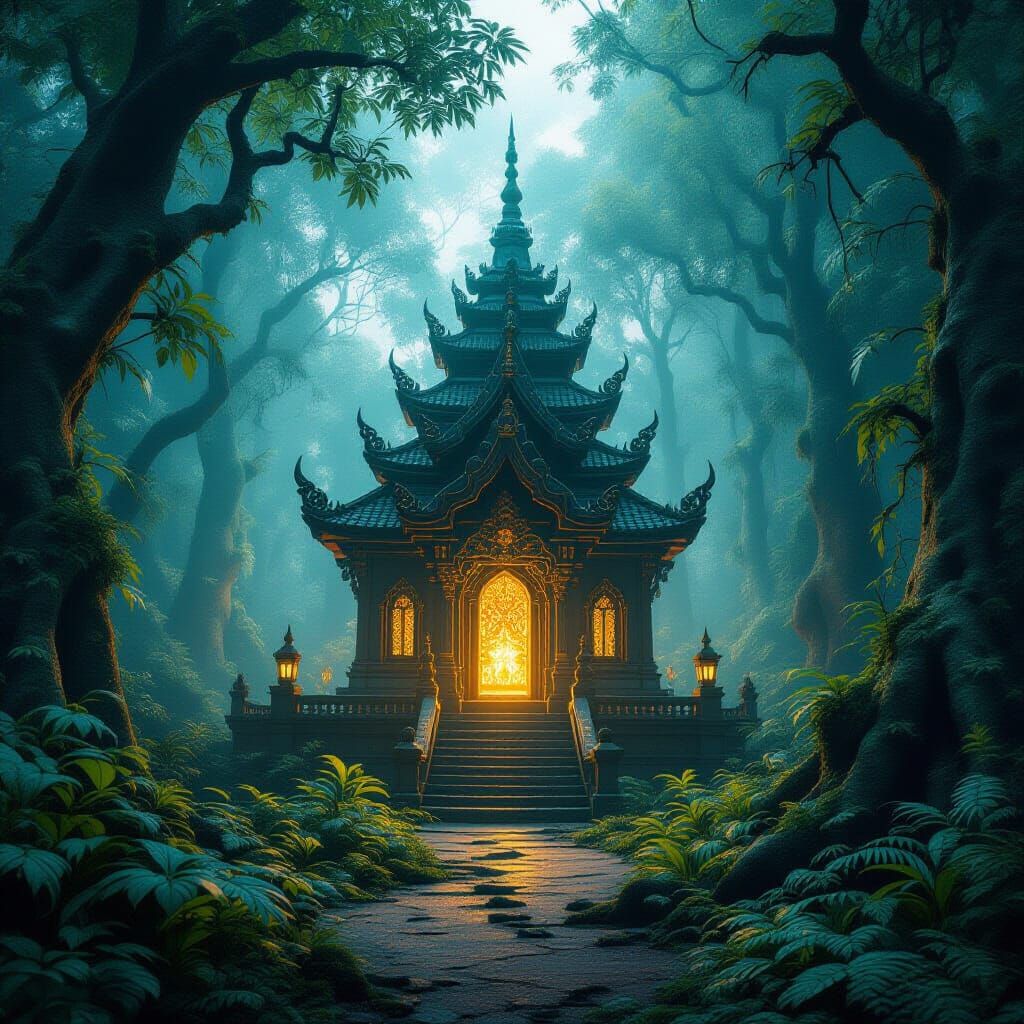 Miniature Temple in Glowing Forest: Fantasy Concept Art