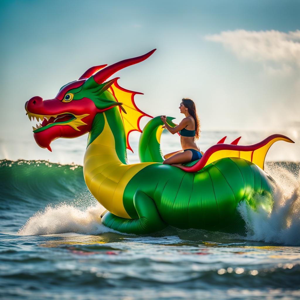 Giant Inflatable Dragon Surfing a Wave
