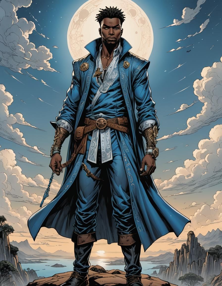 Fantasy Mage in Comic Book Style with Floating Islands