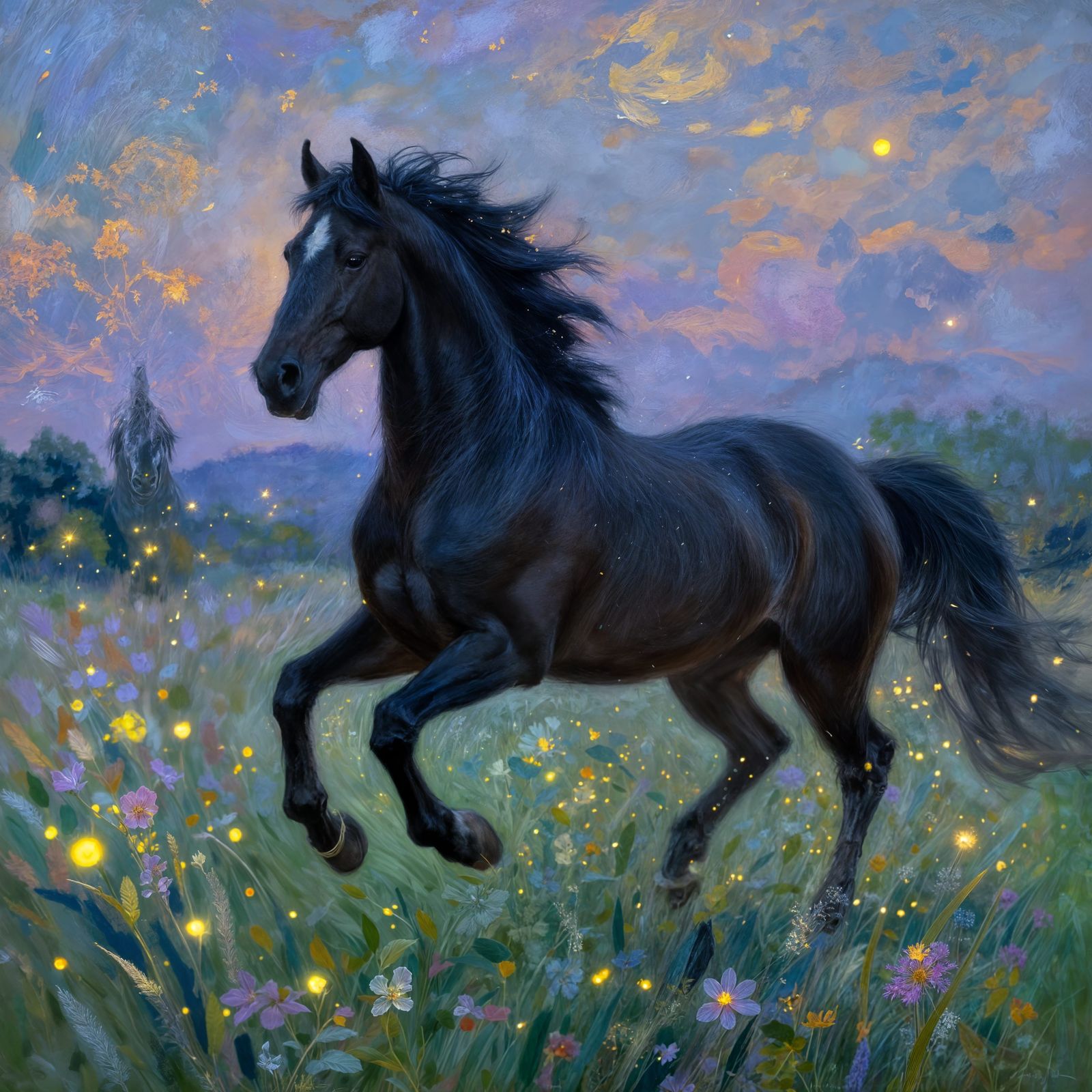 Black Friesian Horse in Enchanting Meadow