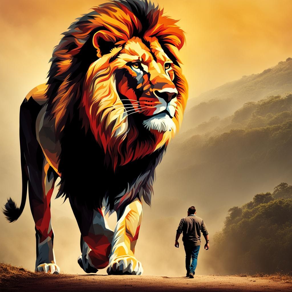 Majestic Lion Walking with Man
