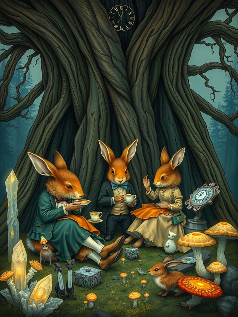 Victorian Animals' Tea Party in Bioluminescent Tree
