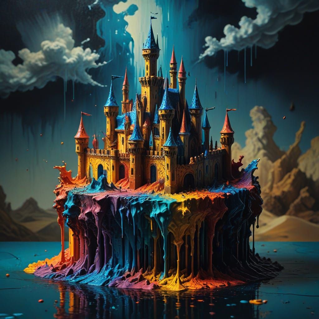 Surreal Pencil Castle Mid-Transformation in Dreamlike Landsc...