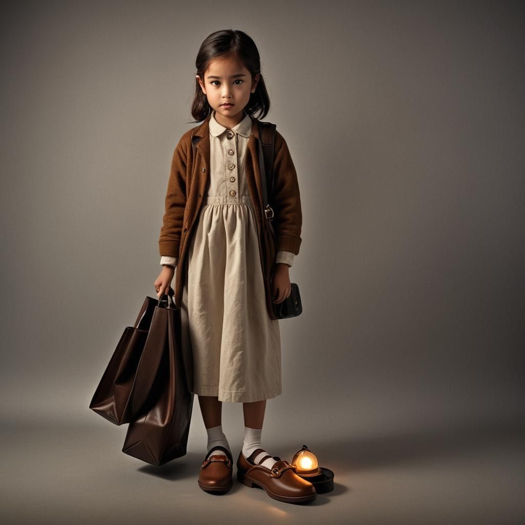 Girl Holding Slippers and Lamp in Hyperrealistic Style