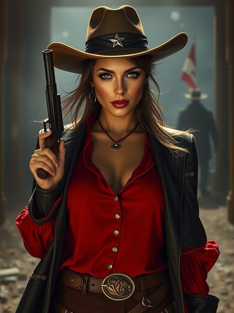 gorgeous Mexican lady gunslinger wearing a low buttoned red ...