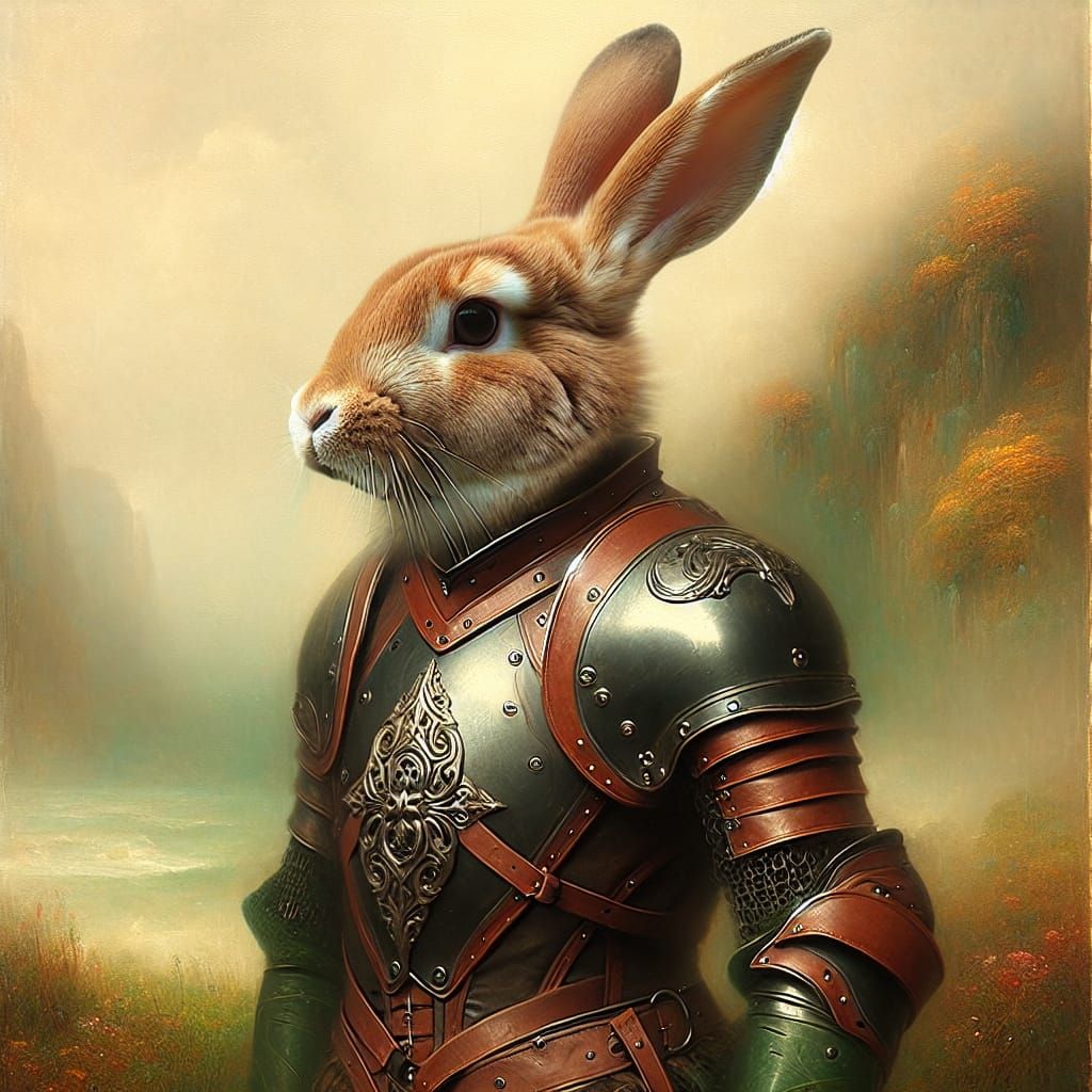 Armored Rabbit Warrior in Romantic Landscape
