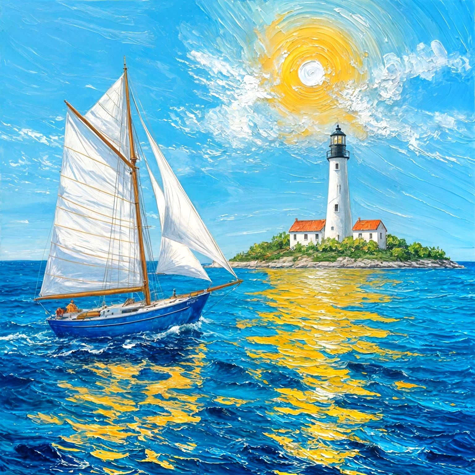 Impasto Oil Painting of Sailing Boat Approaching Lighthouse