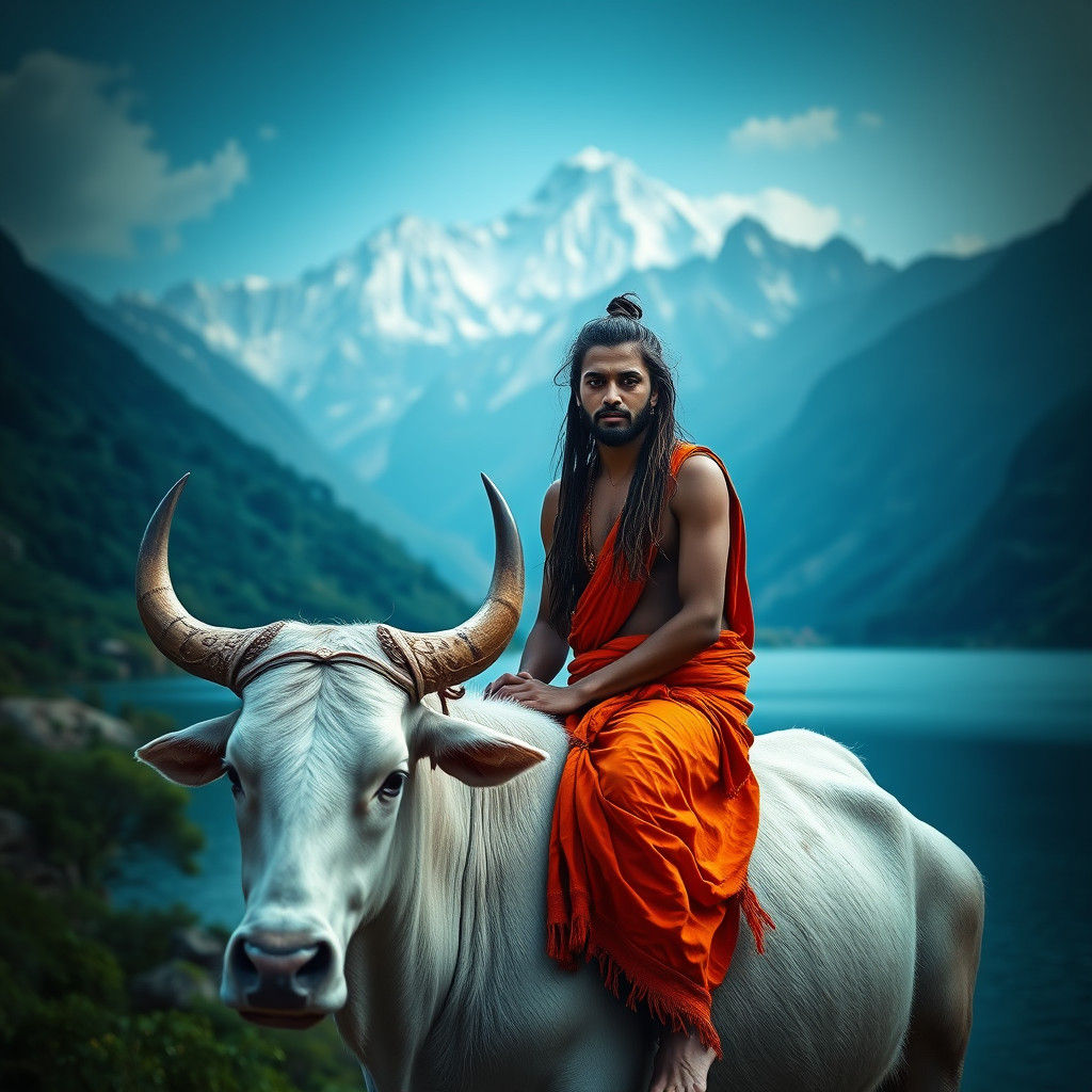 Meditative Yogi on White Bull at Manasarovar