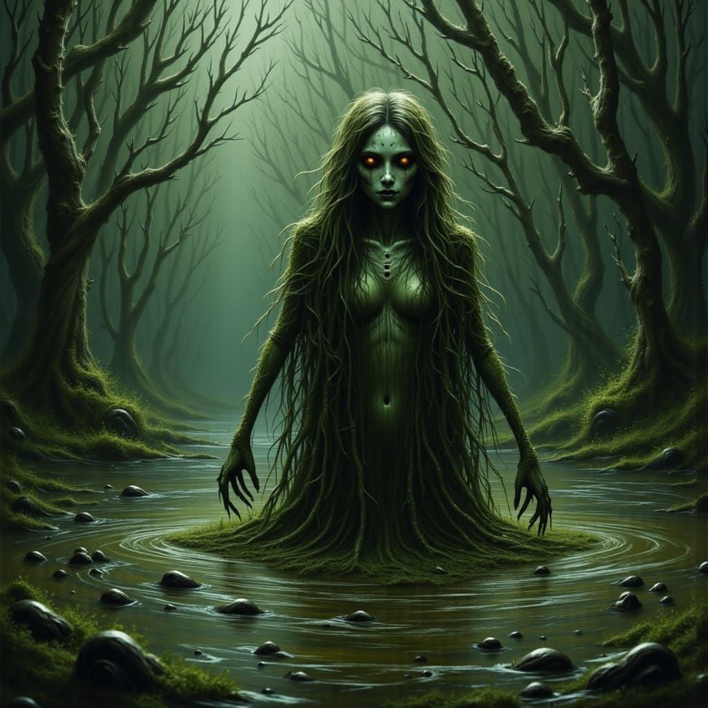 Swamp Fairy Emerging from Murky Bog in Dark Fantasy Style