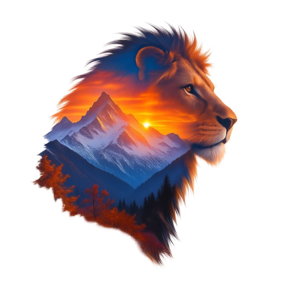 Lion Silhouette Filled With Sunset Landscape
