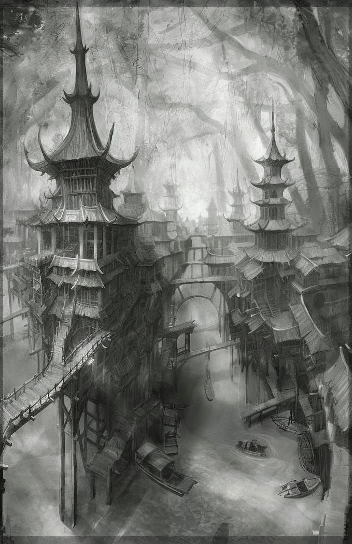Pencil sketch of dark underground city. sinister by Greg Rutkowski