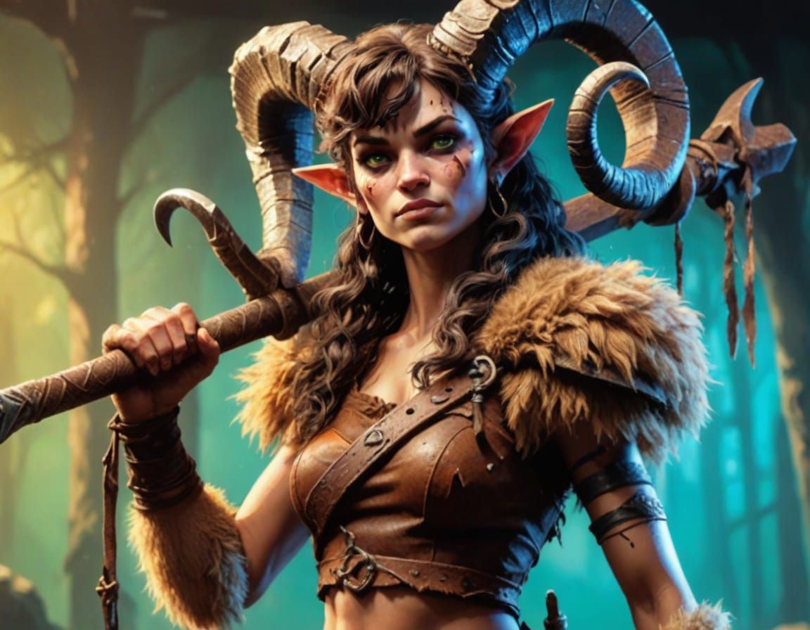 Vibrant Green-Eyed Satyr Barbarian Wields Greataxe in Earthy...