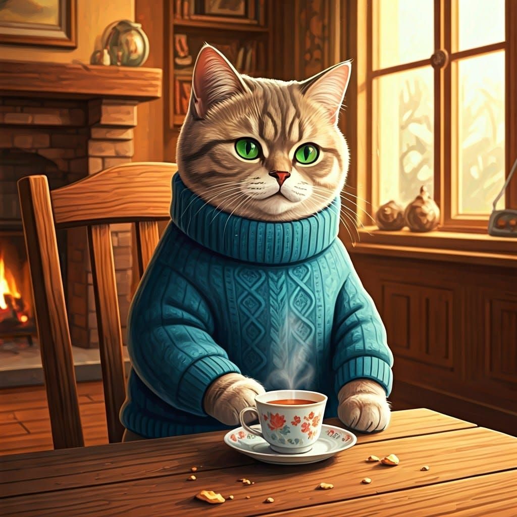 Whimsical Cartoon Cat Sips Tea in Cozy Living Room
