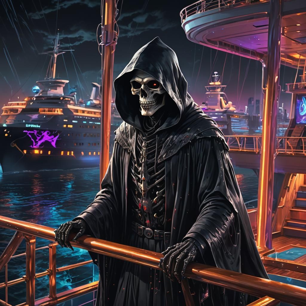 Grim Reaper on Cruise Ship Balcony in Neon Style
