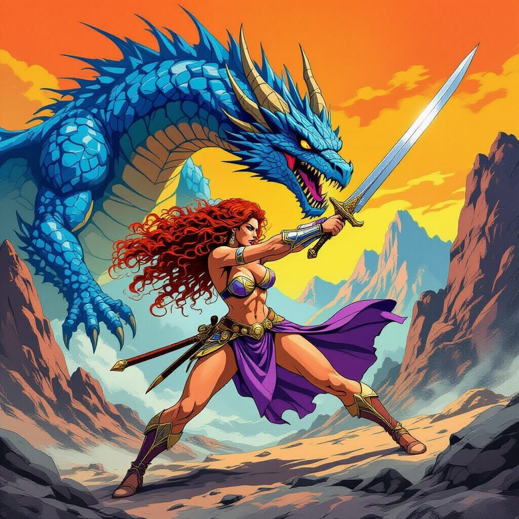Warrior Woman Dragon Battle in Retro Comic Style