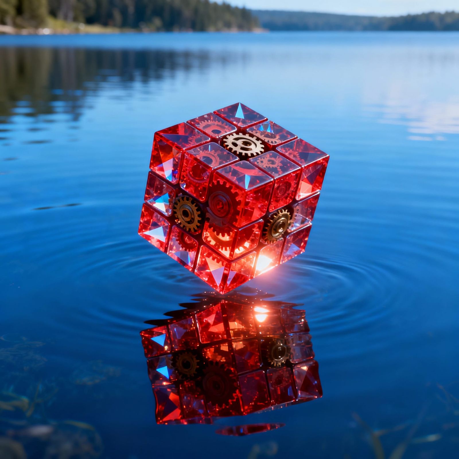 Crystal Rubik's Cube Floats on Blue Lake