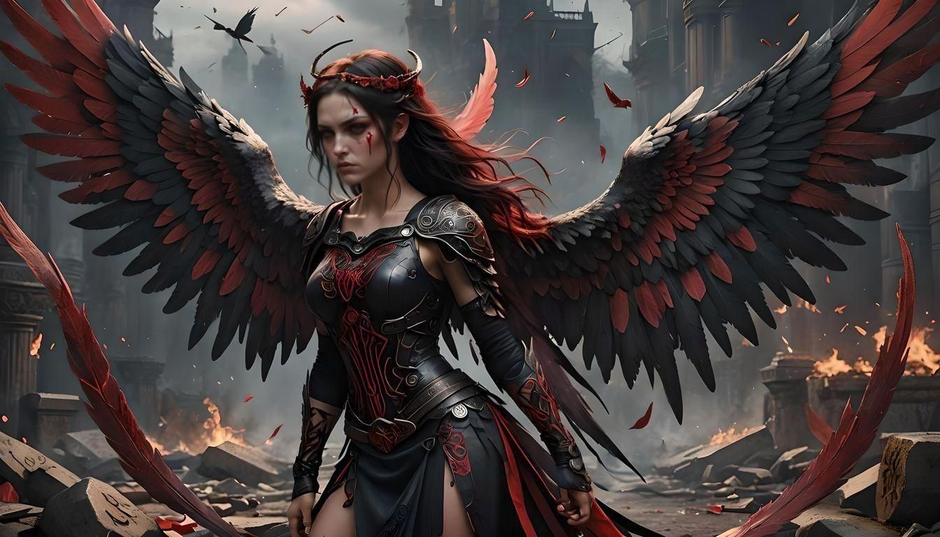 Fallen Angel with Runic Tattoos, Detailed Matte Painting