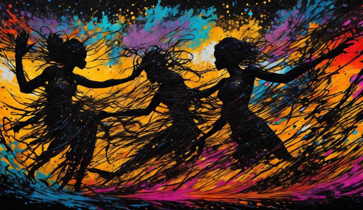 Colourful splash art black silhouette.