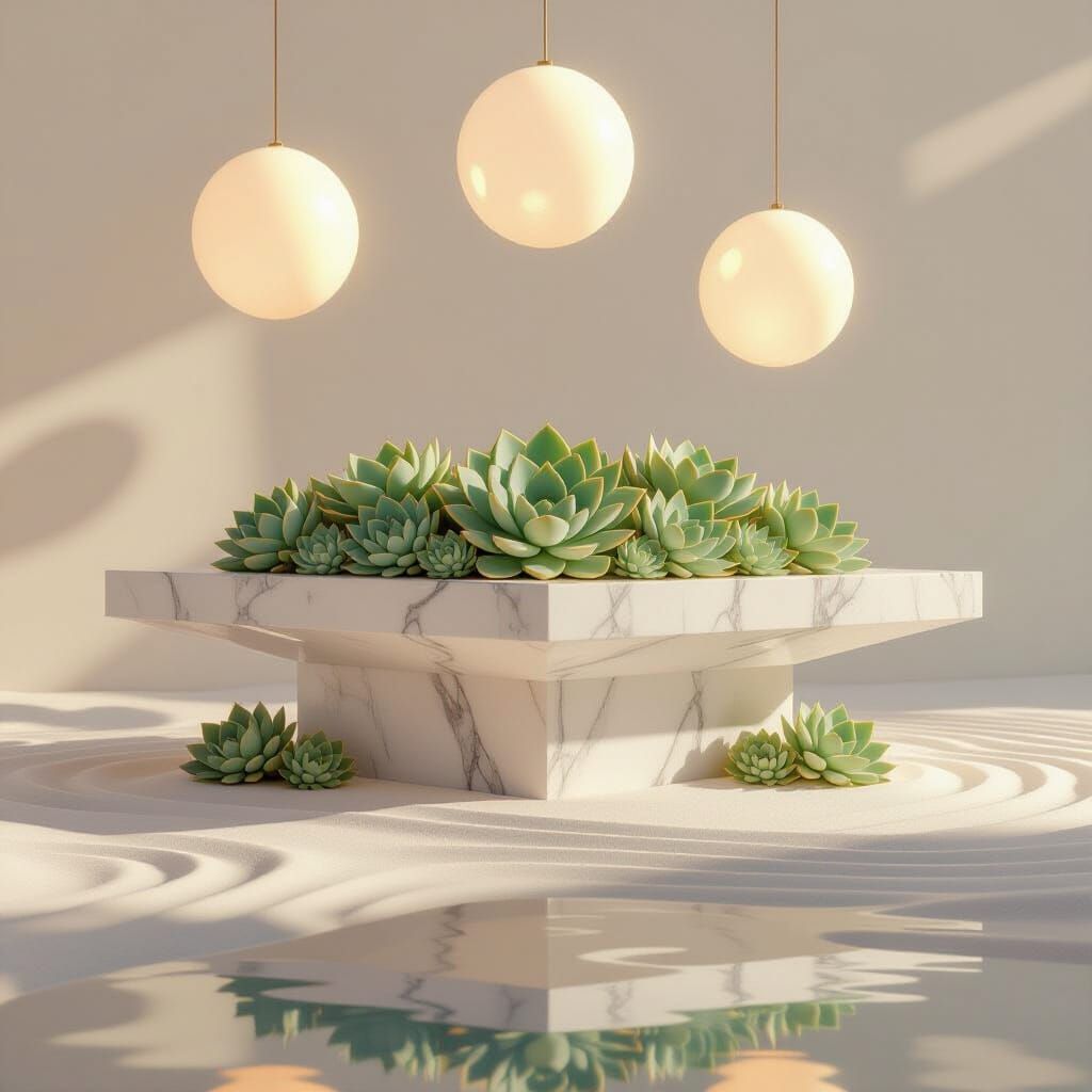 Symmetrical Marble Altar With Jade Succulents and Ethereal L...