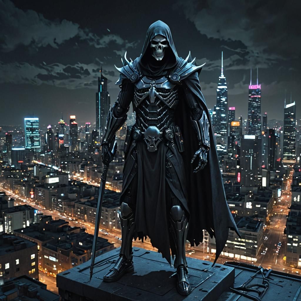 Cybernetic Grim Reaper Overlooking Futuristic City