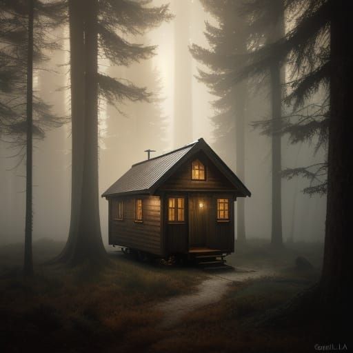 A Moody Tiny House Amidst a Golden Forest Glade