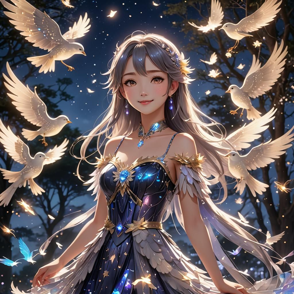 Anime Girl with Birds and Iridescent Feathers