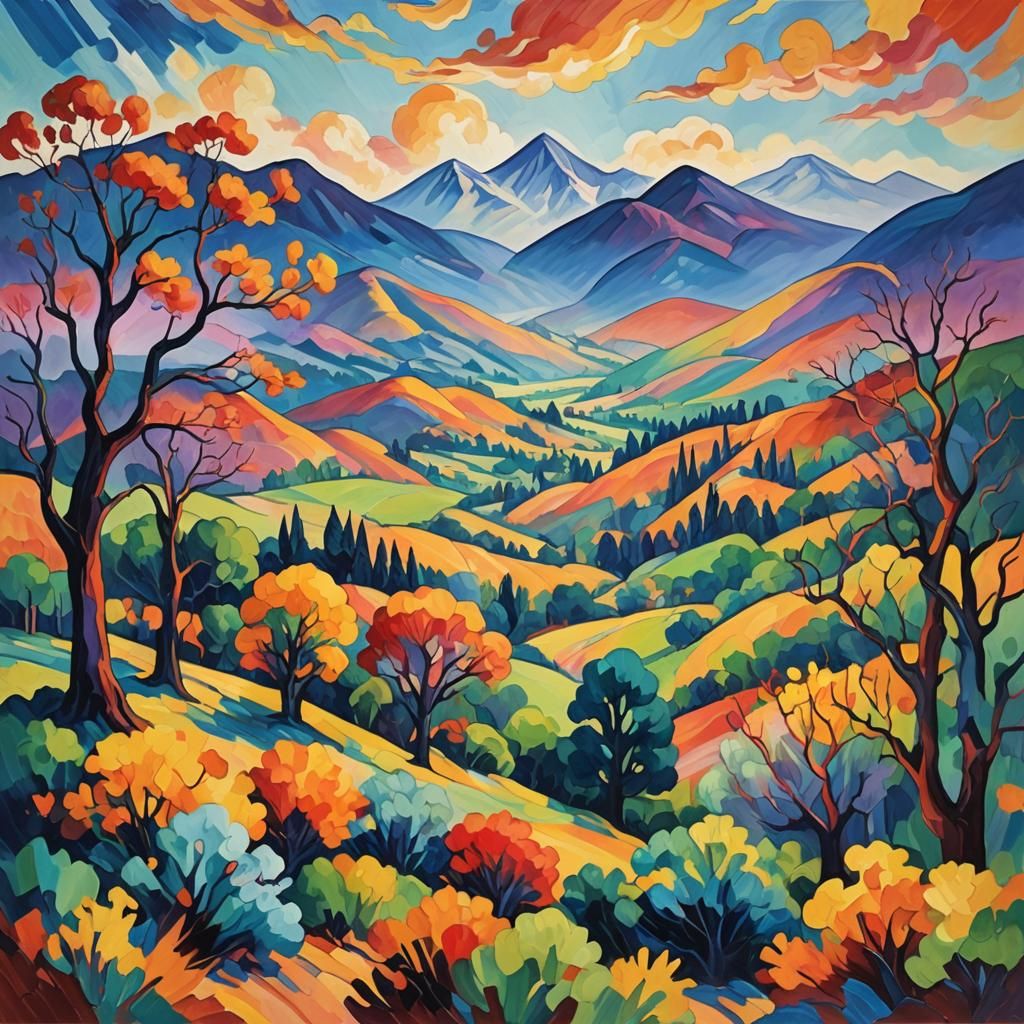 dreamlike landscape, portrayed with wild colors and distorte...