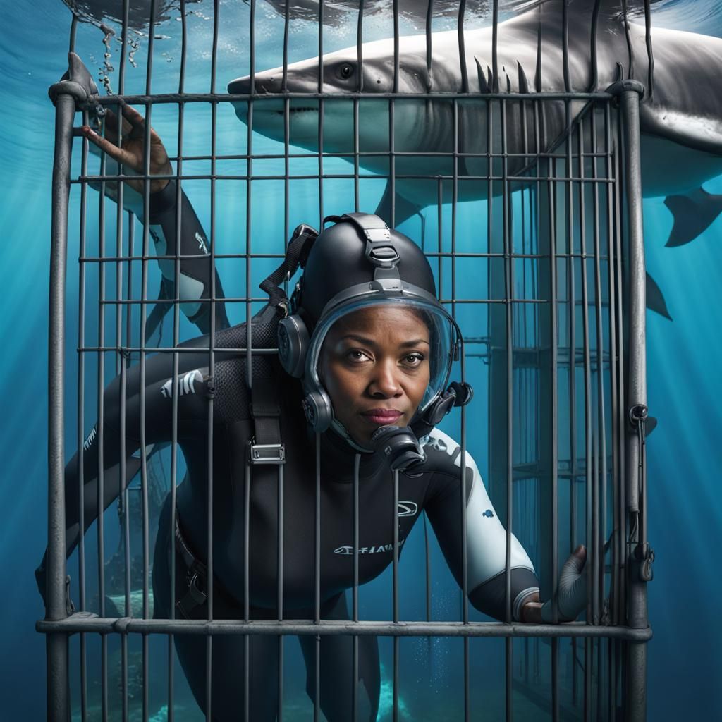 Underwater Shark Encounter: Woman in Cage